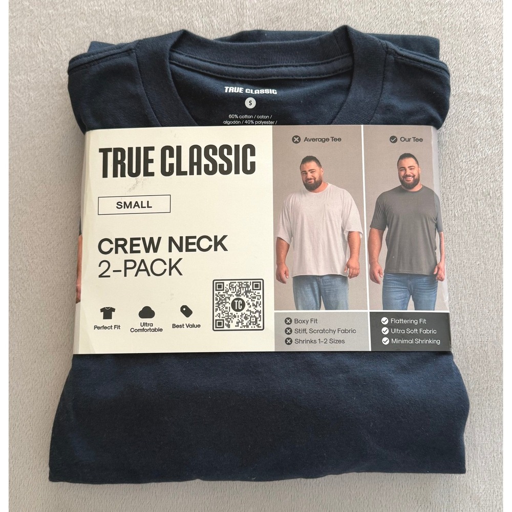 True Classic Crew Neck T-Shirt Men Small Navy Heather Indigo 2-Pack Athletic Fit